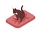 Cute cat sitting in tray over puddle of urine vector isometric illustration. Funny feline domestic animal on the pillow