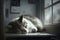 Cute cat sleeping on the windowsill in the morning. Shallow depth of field