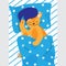 Cute cat sleeps on a striped sheet and a star pillow, covered with a star blanket, children`s vector illustration