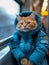 cute cat is smiling, wearing blue wool, carrying a small bag, sitting on the metro