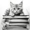 A cute cat with stack of books