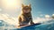 Cute cat surfing waves on a surfboard on sunny summer day