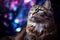 cute cat on surreal purple and pink galaxy background