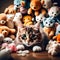 Cute cat surrounded by soft toys - ai generaeted image