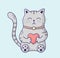 Cute cat in vector holds a heart in its paws. Illustration in flat style.