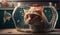 Cute cat watching the fish. Funny kitten sniffing the fish. Generated AI.