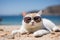 Cute cat wearing sunglasses lying on the sand at the beach. Ai generative