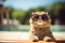 really cute cat wearing tortoiseshell framed sunglasses by the poolside