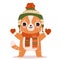 Cute cat in winter clothes. Ginger cat wearing funny warm hat and scarf with patters. Cartoon winter vector character on