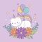 Cute caticorn with floral decoration and balloons helium