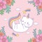 Cute caticorn with floral decoration and rainbow