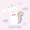 Cute Caticorn and rainbow on a pink sky background