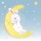 Cute catoon hare who sleep on the moon.