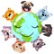 Cute cats an around globe banner vector illustration. Animals planet concept, world continents fauna, world map with cats and dog.