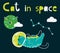 Cute cats astronauts in space, vector illustration. Sleeping kitten, moon in universe.