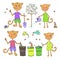 Cute cats and birds sort garbage and planting trees