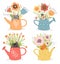 Cute cats in garden watering cans with flowers.