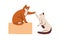 Cute cats giving high five. Friendly feline animals greeting with paw gesture. Trained smart kitty pets, friendship and