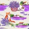 Cute cats, lavender bouquets. Summer flowers, village houses and butterflies seamless pattern. Vintage basket, floral