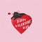 Cute cats in love. Romantic Valentines Day greeting card or poster. Hero Kitten lies on heart with rose in mouth. Flyers