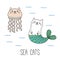 Cute cats mermaid and jellyfish