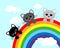 Cute cats on the rainbow against the sky with clouds. Print for children, postcard