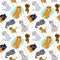 Cute cats seamless pattern. Different breeds kitties. Funny pets and paw prints. Various poses. Kitten sitting in box or