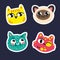 Cute cats set stickers on dark blue background Striped yellow Siamese smiling kitty pink blue kitty in