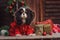 Cute cavalier king charles spaniel dog in red coat celebrating christmas at cozy country house