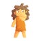 Cute cave girl dressed in animal skins, stone age character, colorful vector illustration