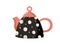 Cute ceramic colored teapot. Adorable tea kettle in dots. Kitchen crockery item isolated on white background. Hand drawn