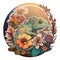 A cute chameleon and butterflies surrounded by flowers illustration.