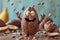 The cute character of the cartoon smiling Cocoa bean waves his hands and greets. 3d illustration