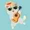 The cute character of cat playig a guitar. a cat wear a straw hat and sunglasses playing with a guitar and it look happy and fun.