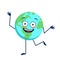 Cute character cheerful and happy planet Earth with emotions dancing, arms and legs