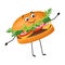 Cute character hamburger with happy emotions, face, smile, eyes, arms and legs