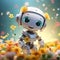 Cute character image of 3D robot in flowers, landscape, cute character , robot face on human body with a bunch, flowers