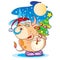 Cute character new year bull holding a beautiful christmas tree, greeting card, happy christmas, isolated object on white