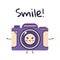 Cute character photo camera. Happy camera says Smile. Flat vector illustration