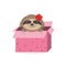 Cute character Sloth girl peeks out of a holiday box, color isolated vector illustration