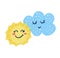 Cute character sun, cloud enjoy springtime weather, warm meteorological condition isolated on white, flat vector