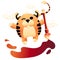 Cute character symbol of new 2022 year dancing with watercolor tassel. Striped tiger paints blots with red brush. Happy