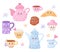 Cute characters cup, teapots, croissant, muffin and cookies. Vector illustration. Isolated funny cartoon food and dishes