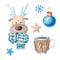 Cute characters deer, sledge, scarf, Ñhristmas toy, cup, star, snowflake and decor.