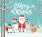 Cute characters hugging - Santa Claus, squirrel, rabbit, penguin and snowman. Merry Christmas card