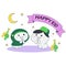 Cute characters wearing hijab and cap greets each other to wish each other a happy Eid Al-Fitr