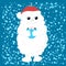 A cute charming bigfoot stands against a background of snow, smiling and holding a cup in his hands.