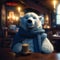 cute charming fluffy polar bear in knitted blue scarf drinking tea