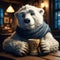 cute charming fluffy polar bear in knitted blue scarf drinking tea