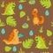 Cute charming green and orange dinosaurs on a brown background among prehistoric leaves, plants and eggs.